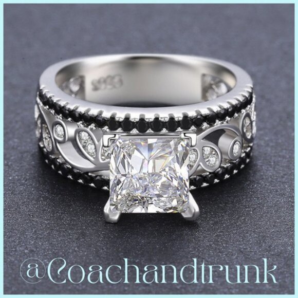 Square Princess Cut Sterling Silver Hallmark Black Spinel & Diamond Ring Size 6 - Picture 4 of 4